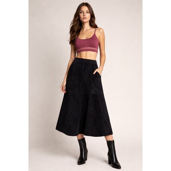 Vintage 1980s Saks Fifth Avenue Black Suede Patchwork Midi Skirt Medium